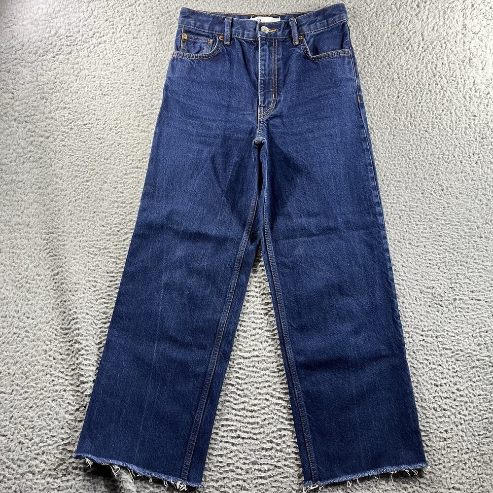 Zara Women's High Rise Wide Leg Jeans Dark Wash Raw Hem Size 2 EUR 34 MEX 24
